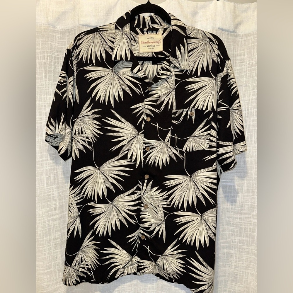 Original Weatherproof Vintage Mens Large Black & White Tropical Palm Print Shirt